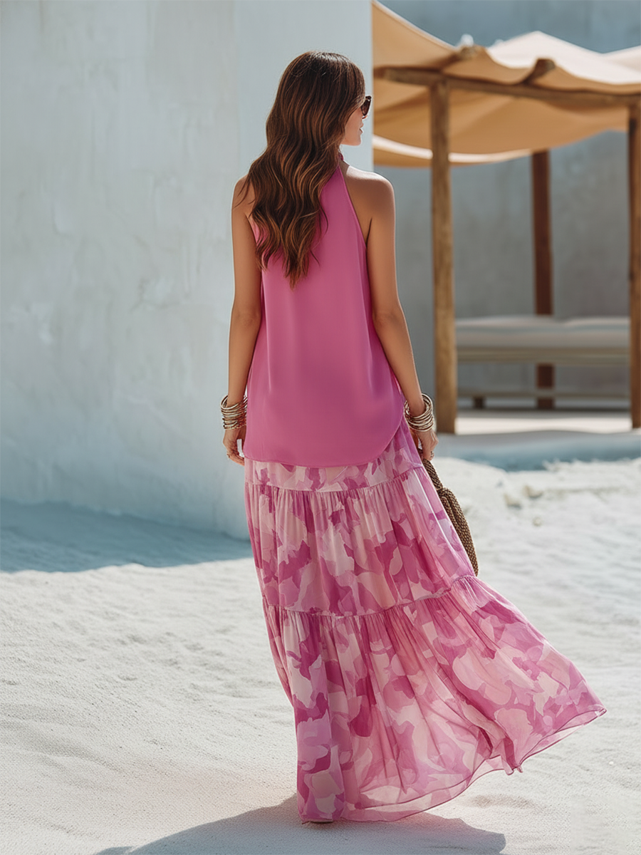 Romantic Vacation V-Neck Sleeveless Top And Printed Tiered Skirt Chiffon Set
