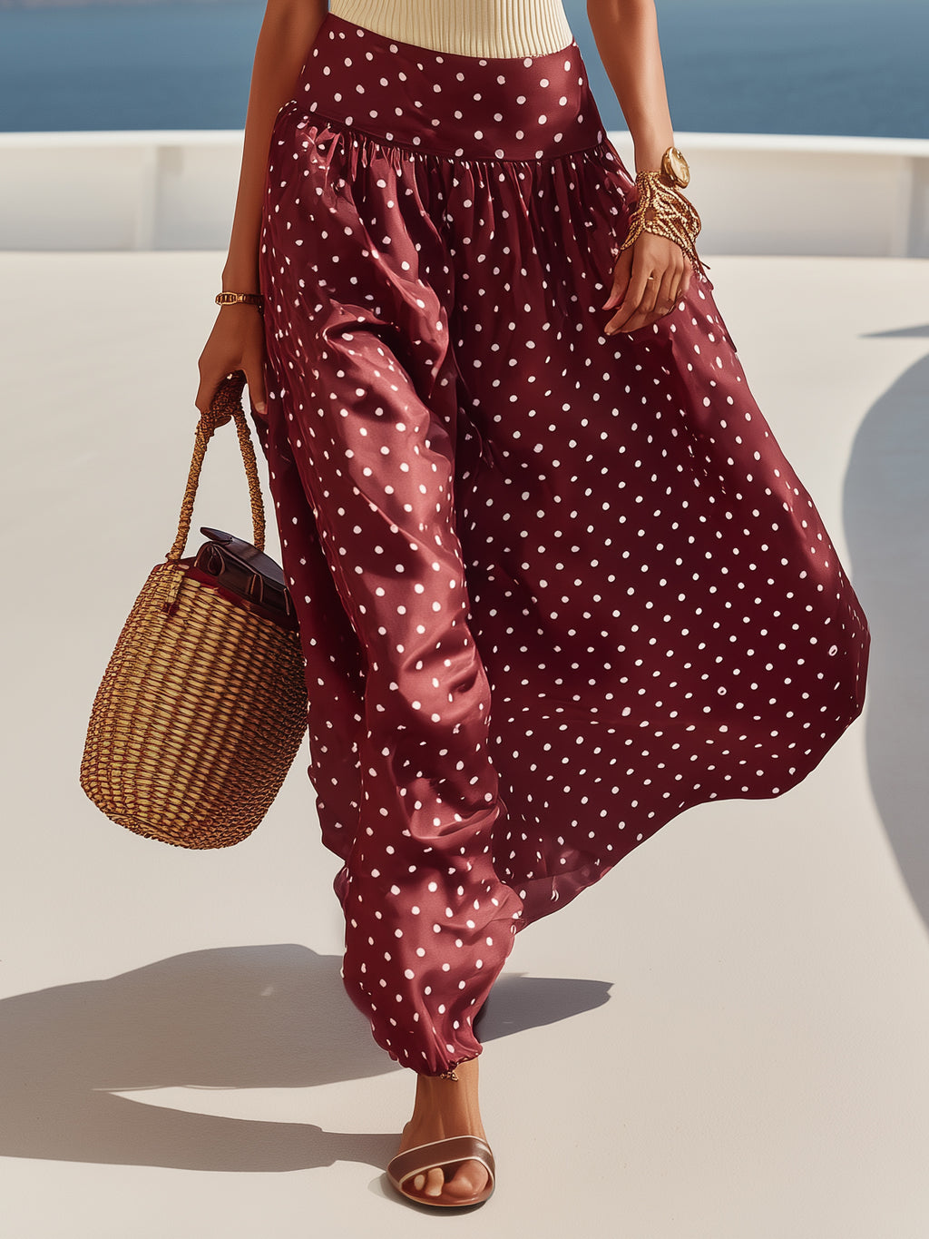 Capri Vibe Burgundy Polka Dot Wide Leg Pants & Cream Ribbed Tank Set