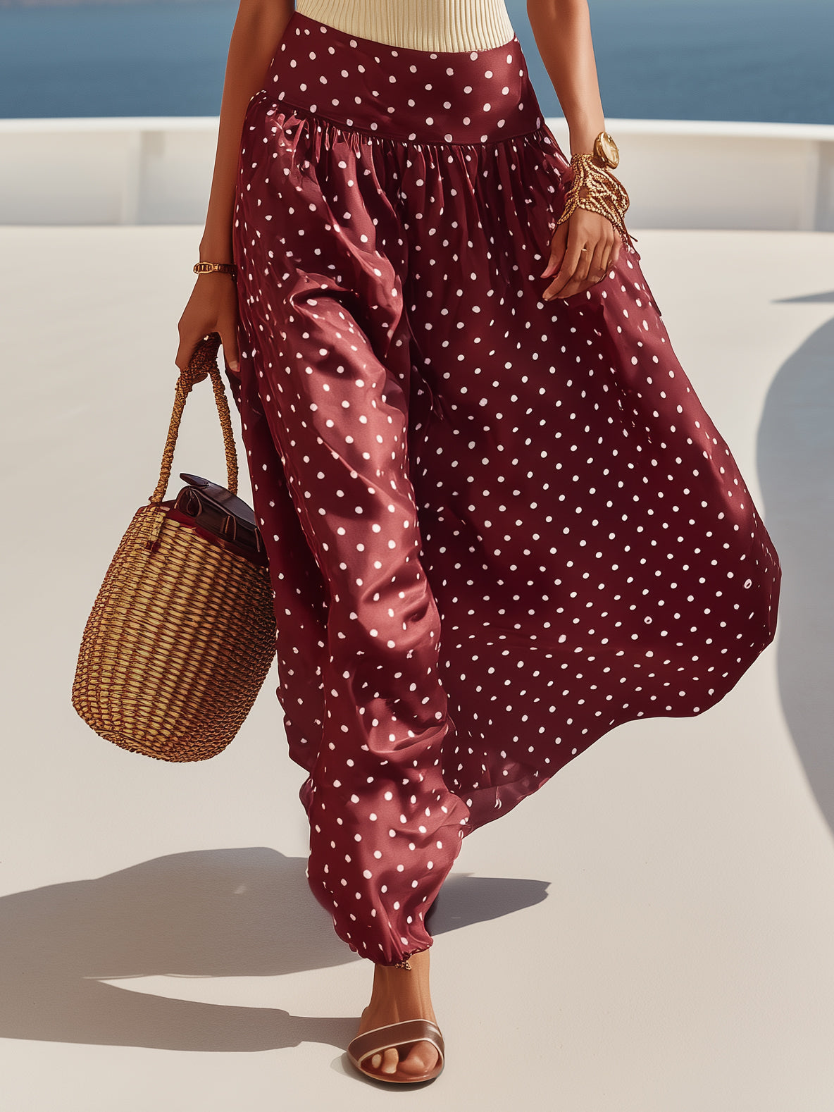 Capri Vibe Burgundy Polka Dot Wide Leg Pants & Cream Ribbed Tank Set
