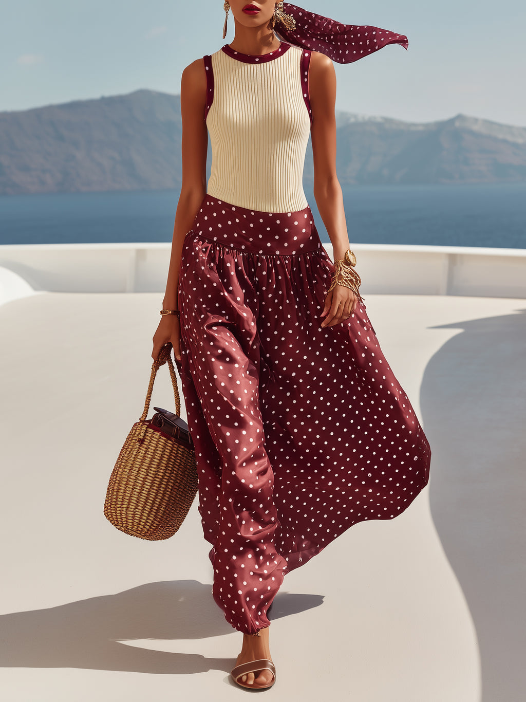 Capri Vibe Burgundy Polka Dot Wide Leg Pants & Cream Ribbed Tank Set