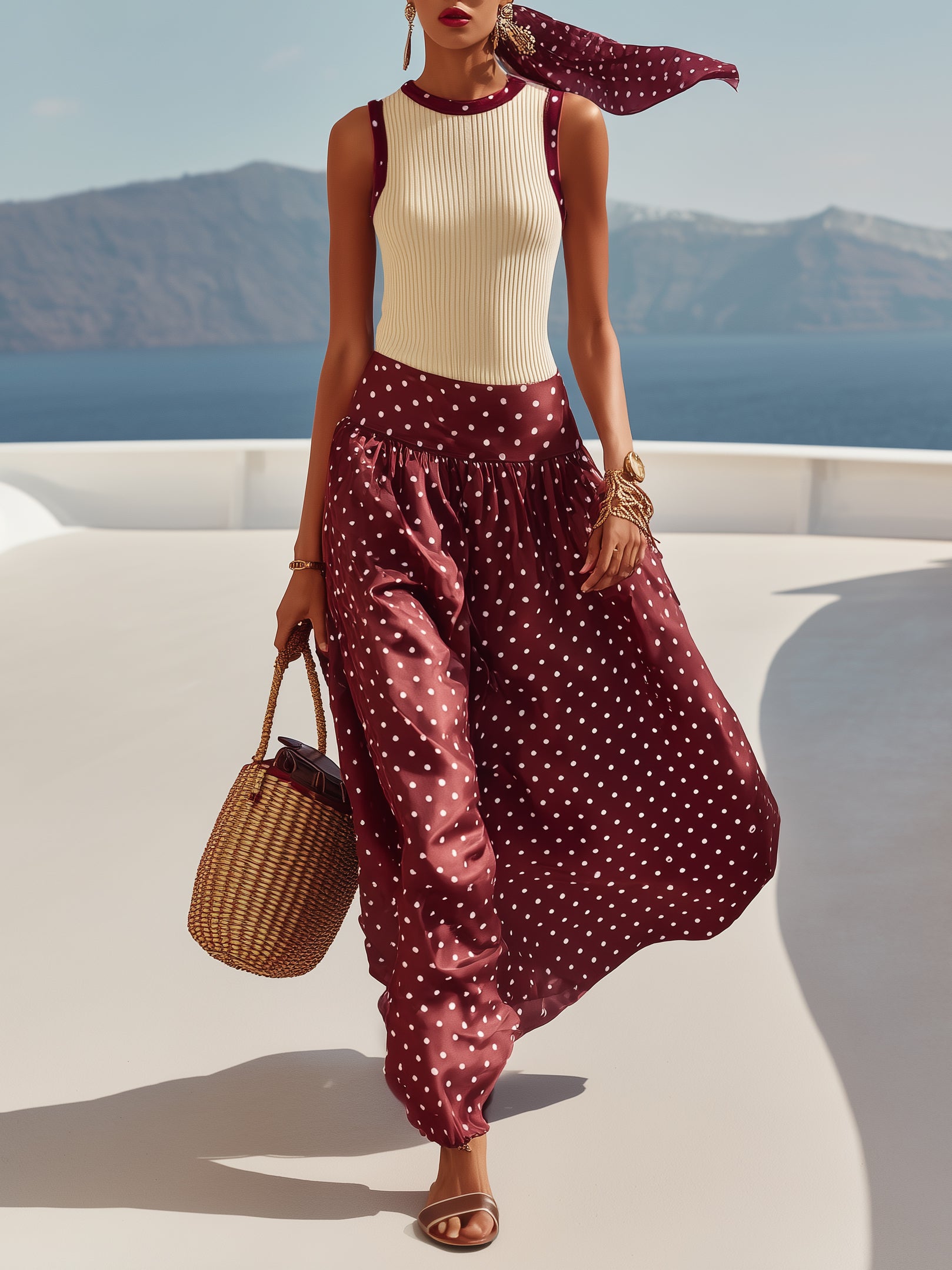 Capri Vibe Burgundy Polka Dot Wide Leg Pants & Cream Ribbed Tank Set
