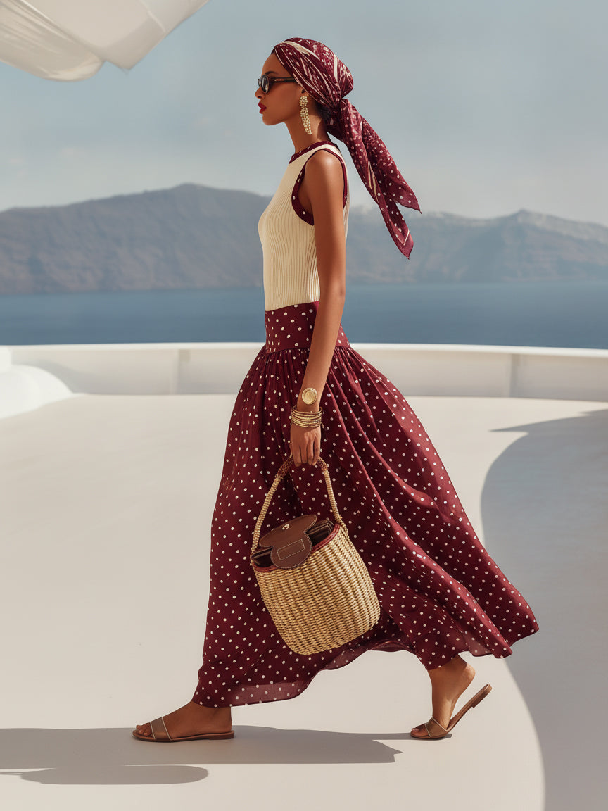 Capri Vibe Burgundy Polka Dot Wide Leg Pants & Cream Ribbed Tank Set