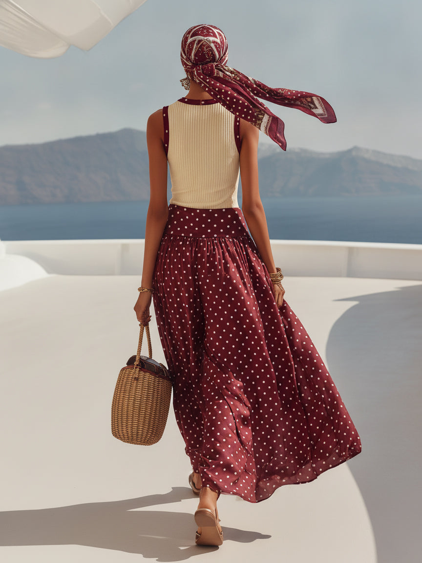 Capri Vibe Burgundy Polka Dot Wide Leg Pants & Cream Ribbed Tank Set