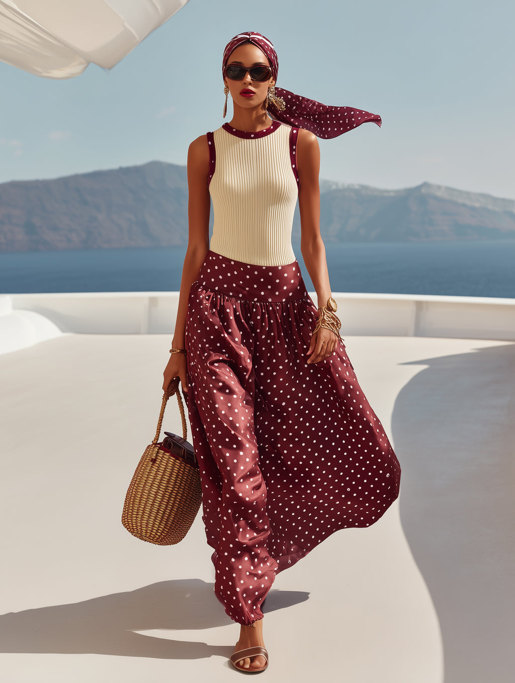 Capri Vibe Burgundy Polka Dot Wide Leg Pants & Cream Ribbed Tank Set