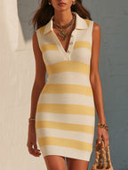 Mediterranean Retro Cream & Yellow Stripe Polo Knit Mini Dress