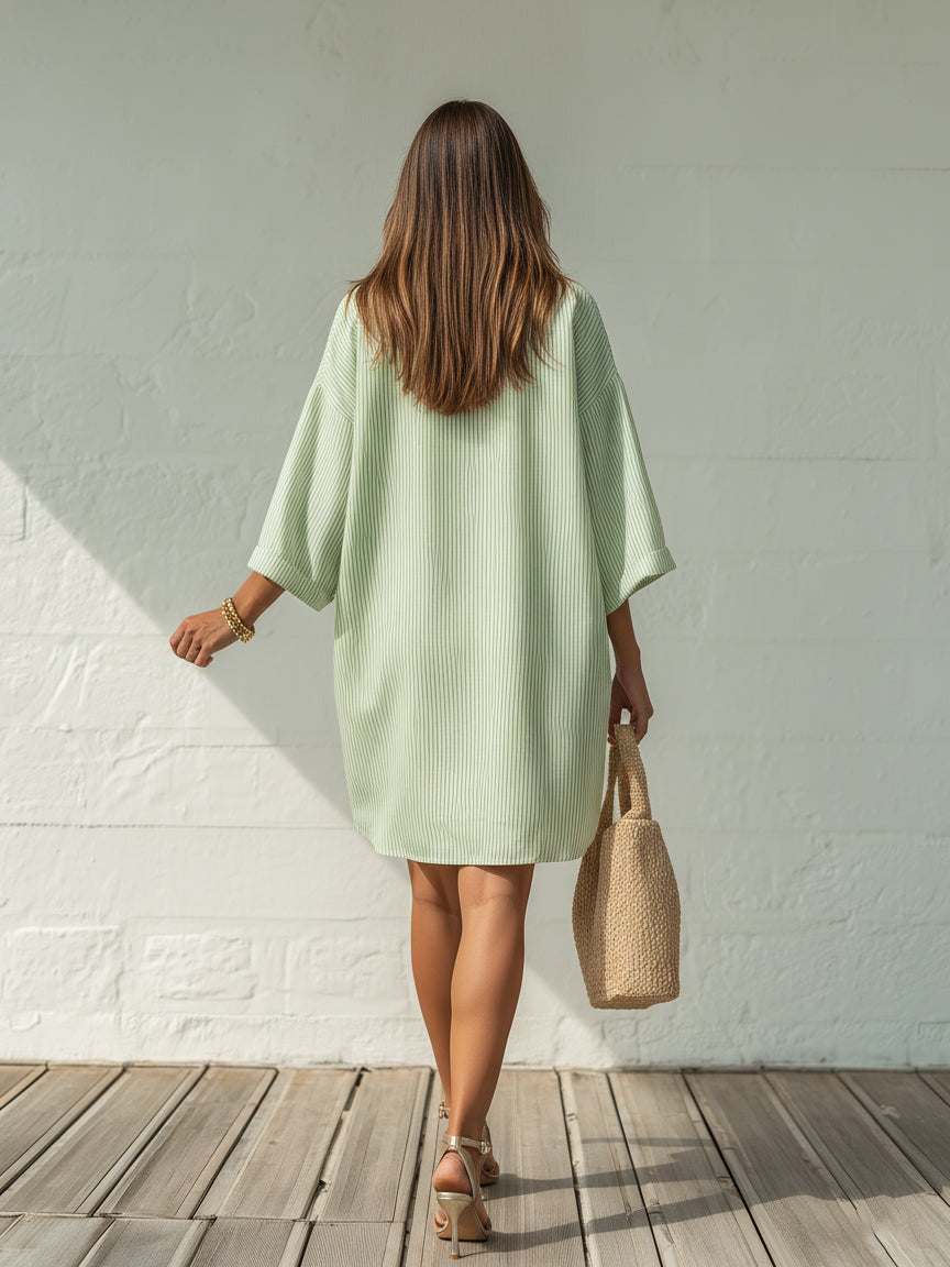 Cottagecore Mint Green & White Striped Oversize Shirt Midi Dress