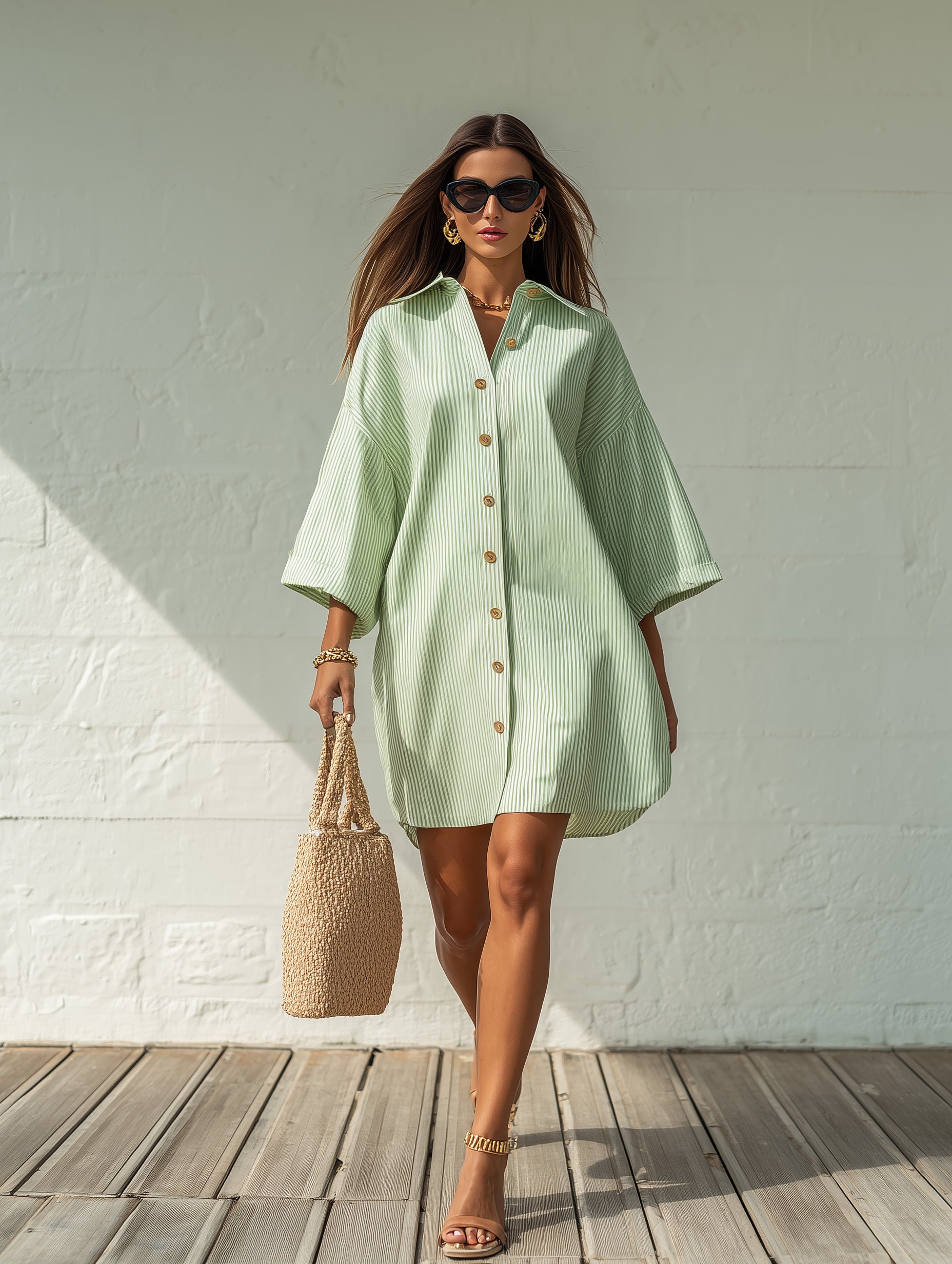 Cottagecore Mint Green & White Striped Oversize Shirt Midi Dress