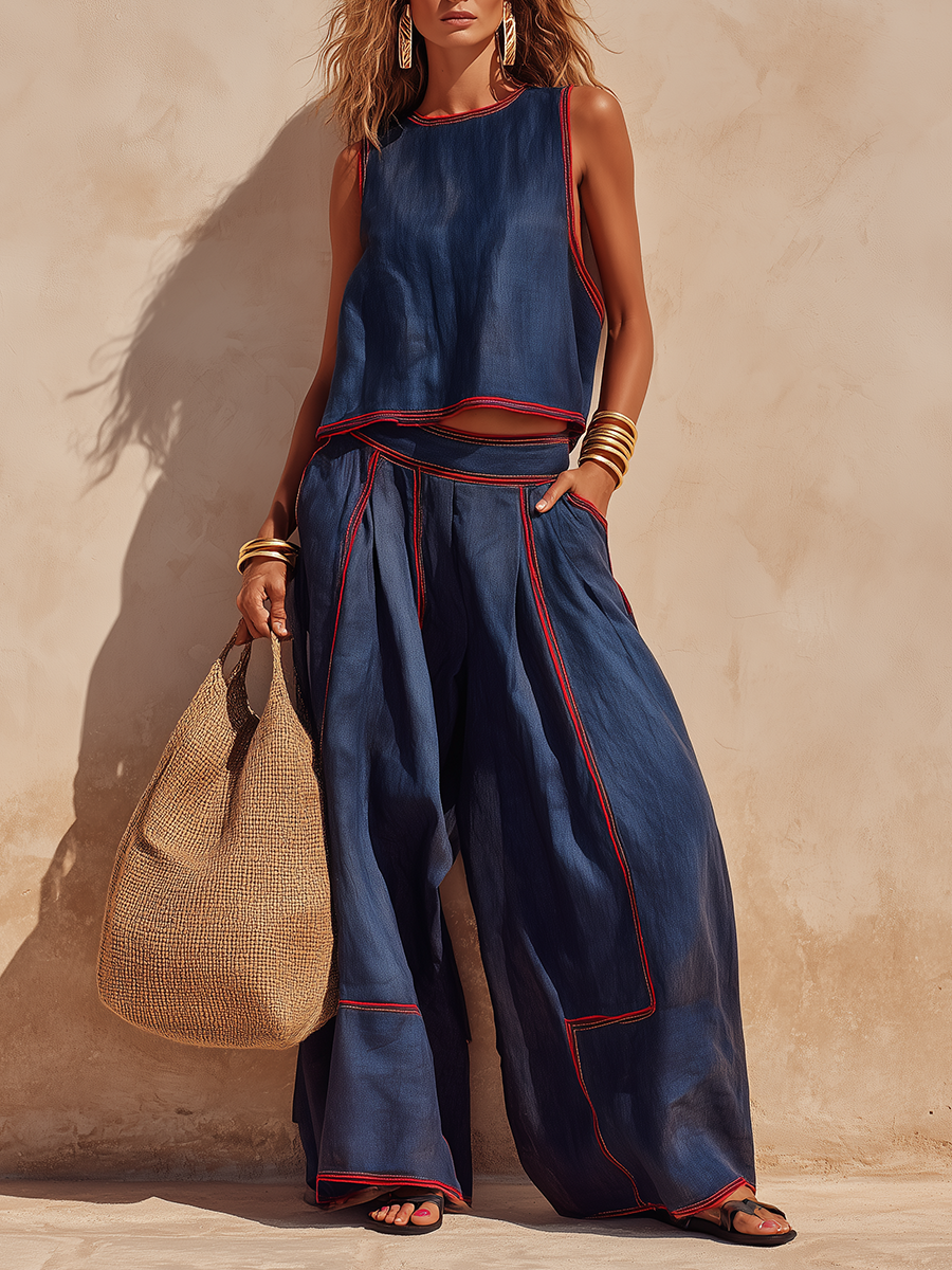 Relaxed Stylish Red Trim Navy Blue Tencel Wide-leg Set