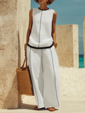 Relaxed Black Trim White Cotton Sleeveless Top And Wide-leg Trousers Set