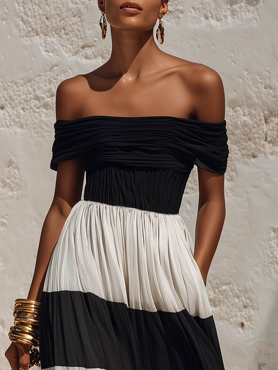 Chic Vacation Off-Shoulder Black And White Striped Chiffon Maxi Dress