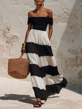 Chic Vacation Off-Shoulder Black And White Striped Chiffon Maxi Dress