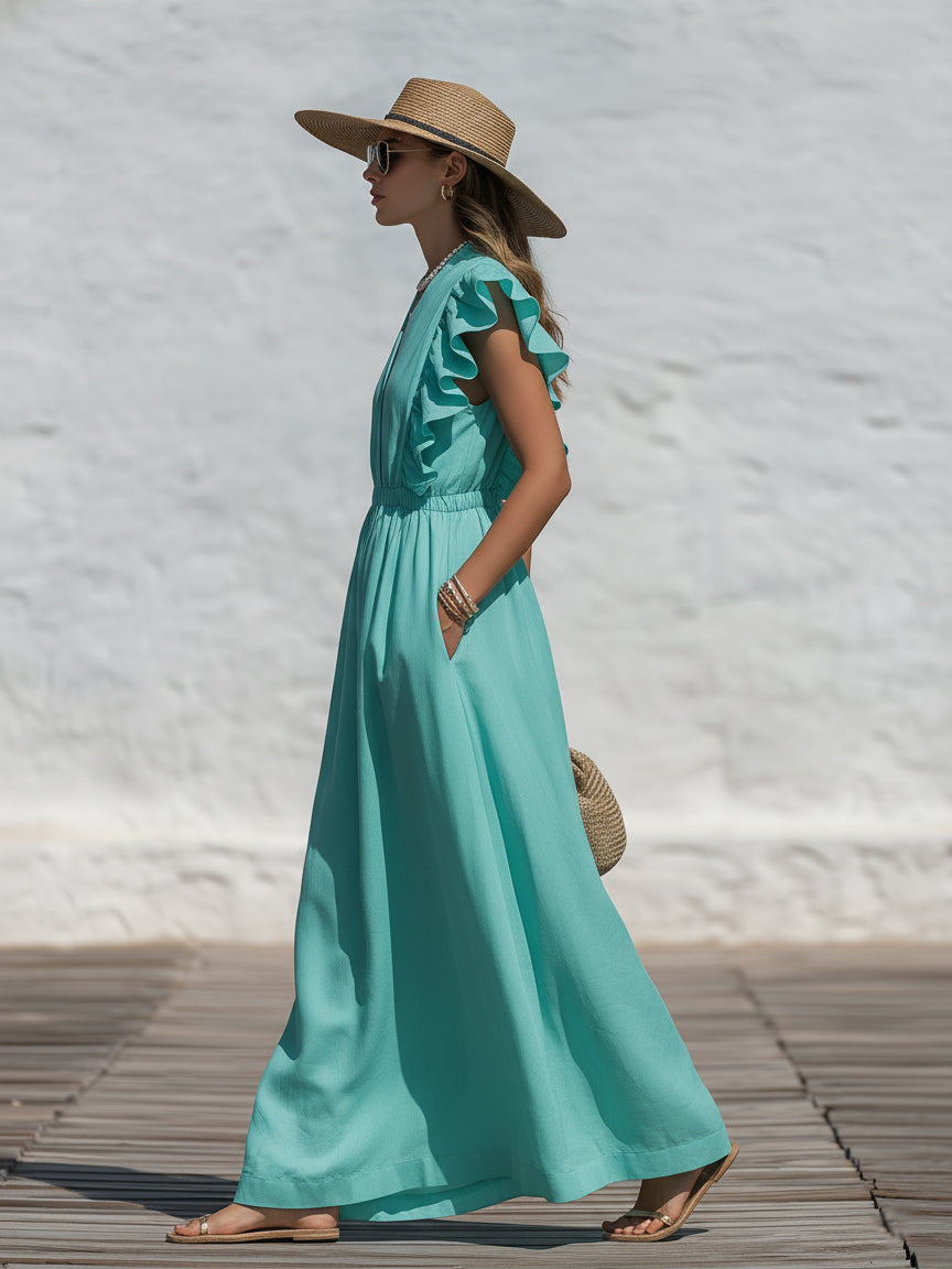 Capri Vibe Turquoise Linen Blend Ruffle Sleeve Maxi Dress