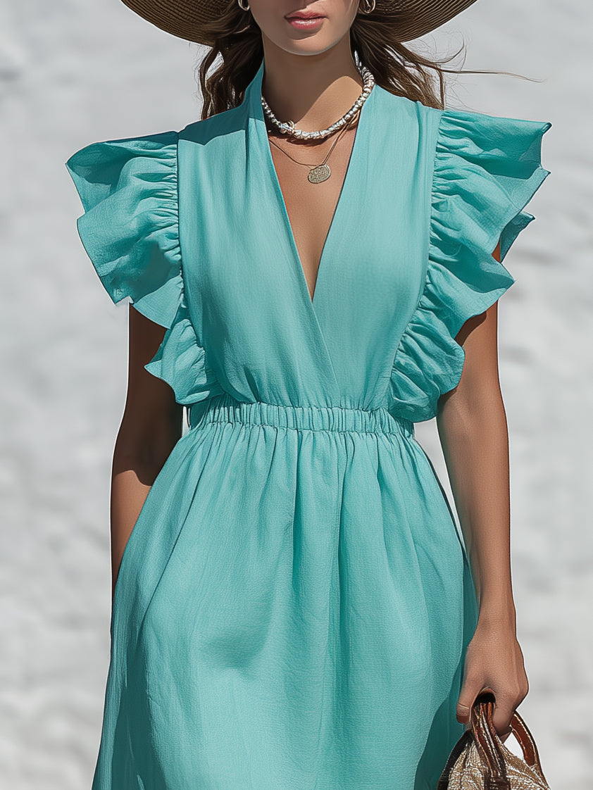 Capri Vibe Turquoise Linen Blend Ruffle Sleeve Maxi Dress