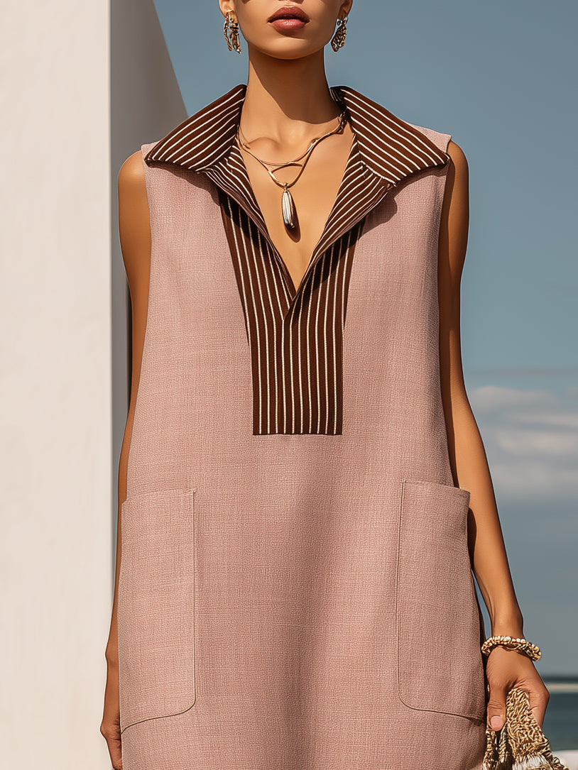 Luxe Island Vacation Blush & Brown Striped Collar Fringe Hem Midi Dress