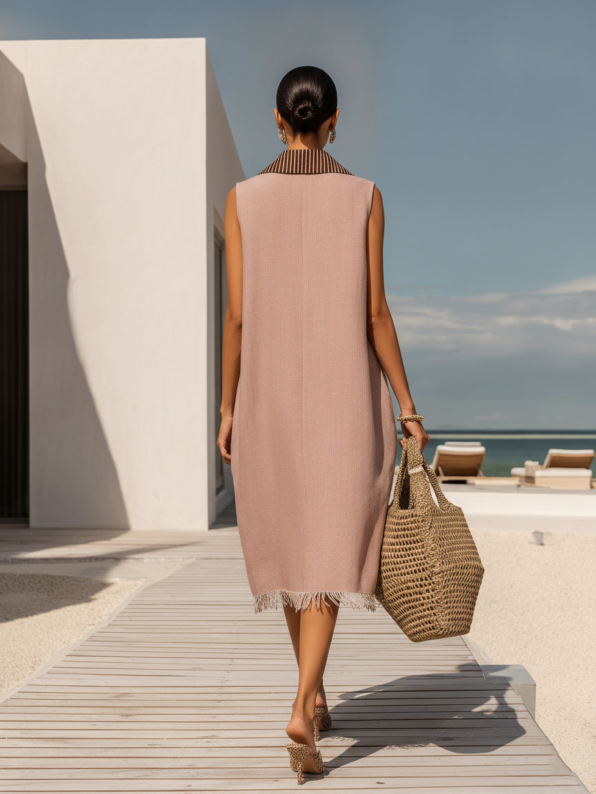 Luxe Island Vacation Blush & Brown Striped Collar Fringe Hem Midi Dress