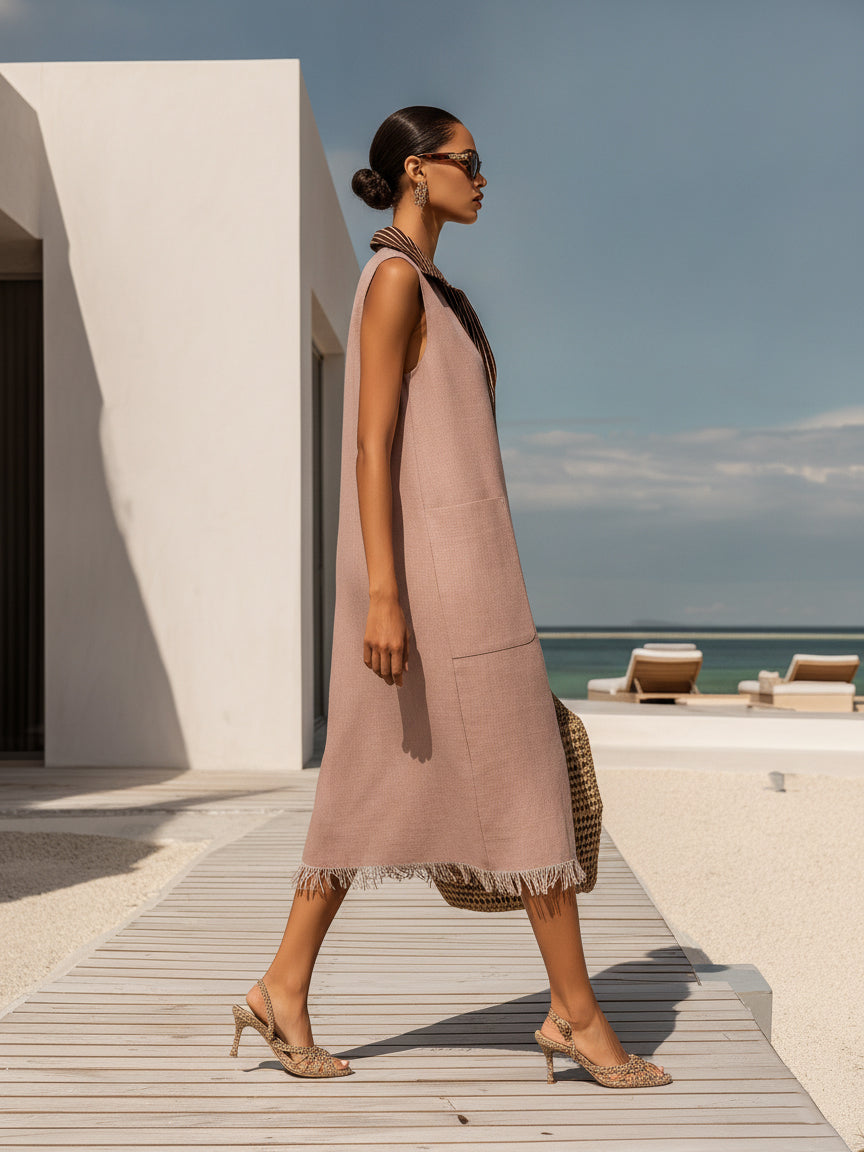 Luxe Island Vacation Blush & Brown Striped Collar Fringe Hem Midi Dress