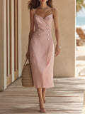Vacation Style Blush Pink Double-Breasted Linen-Blend Slip Midi Dress