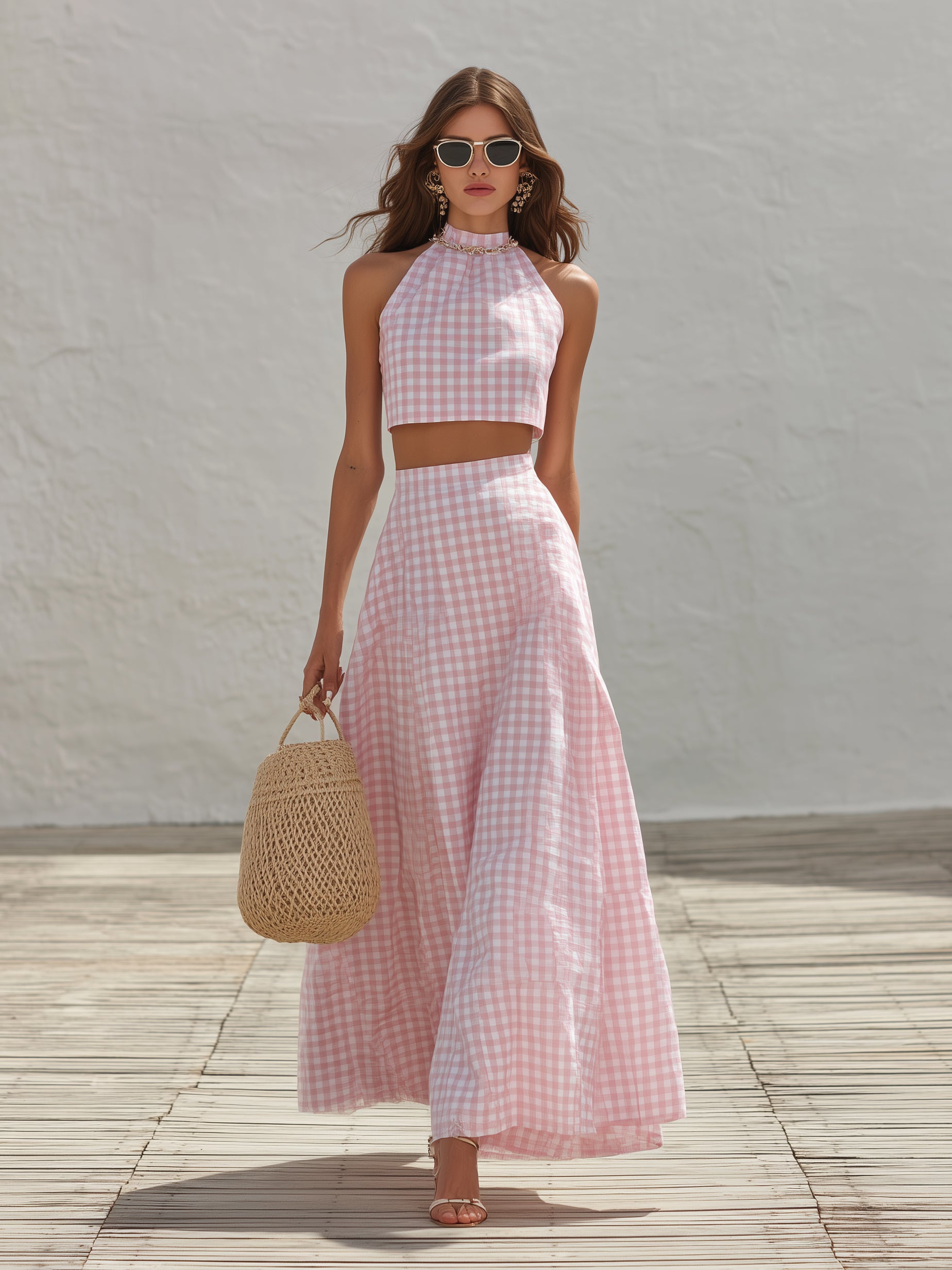 Cottagecore Vacation Style Pink Gingham Linen-Blend Halter Crop Top & Maxi Skirt Set
