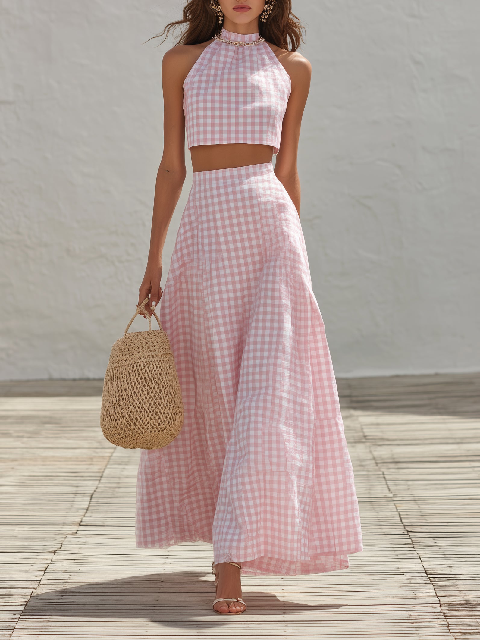 Cottagecore Vacation Style Pink Gingham Linen-Blend Halter Crop Top & Maxi Skirt Set