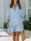 Vacation Style Light Blue Ruffle Hem Oversized Shirt Mini Dress