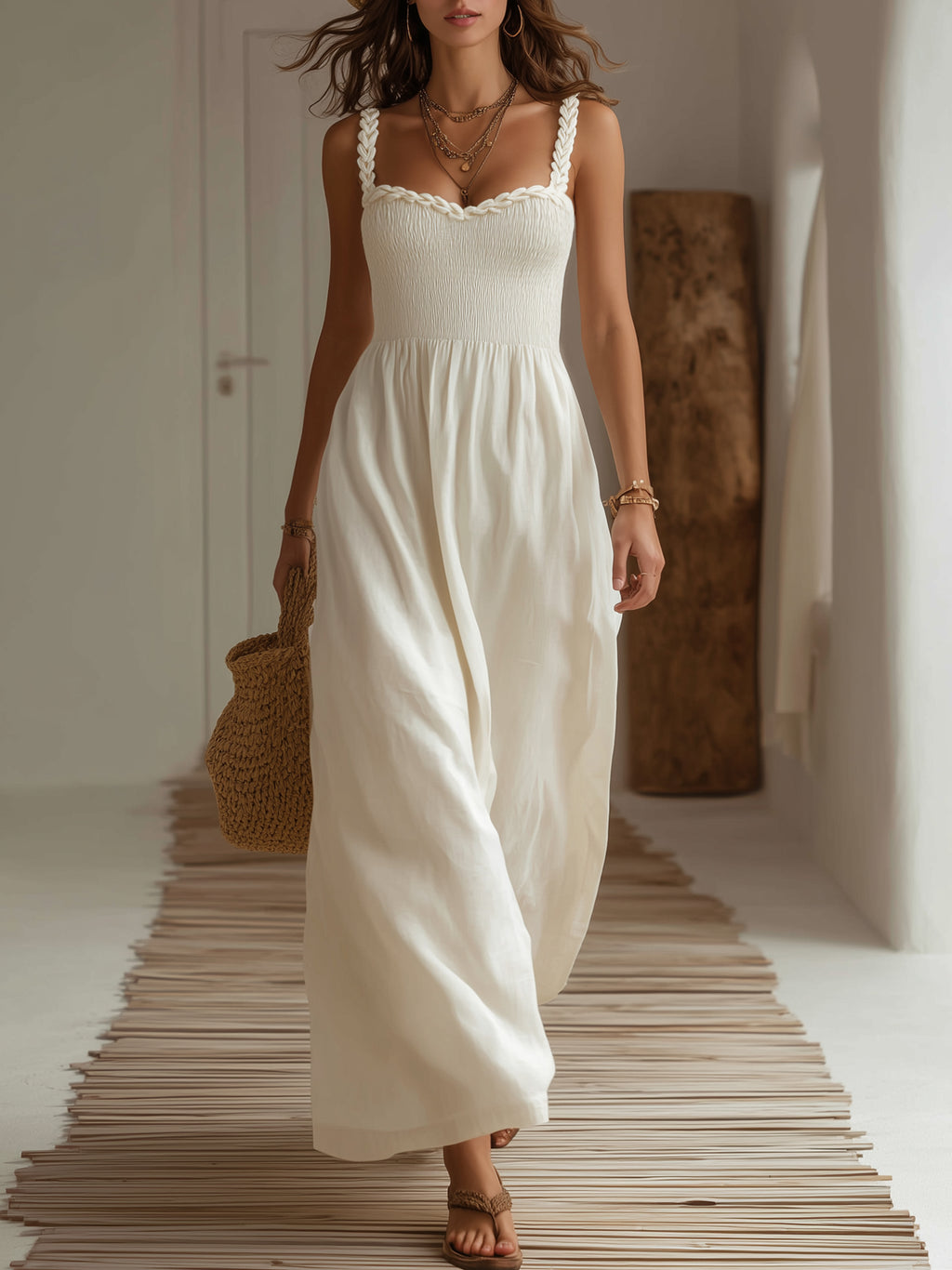 Cycladic White Smocked Linen Braided Spaghetti Straps Maxi Dress