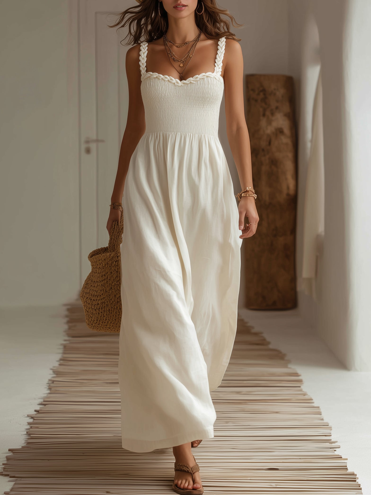 Cycladic White Smocked Linen Braided Spaghetti Straps Maxi Dress