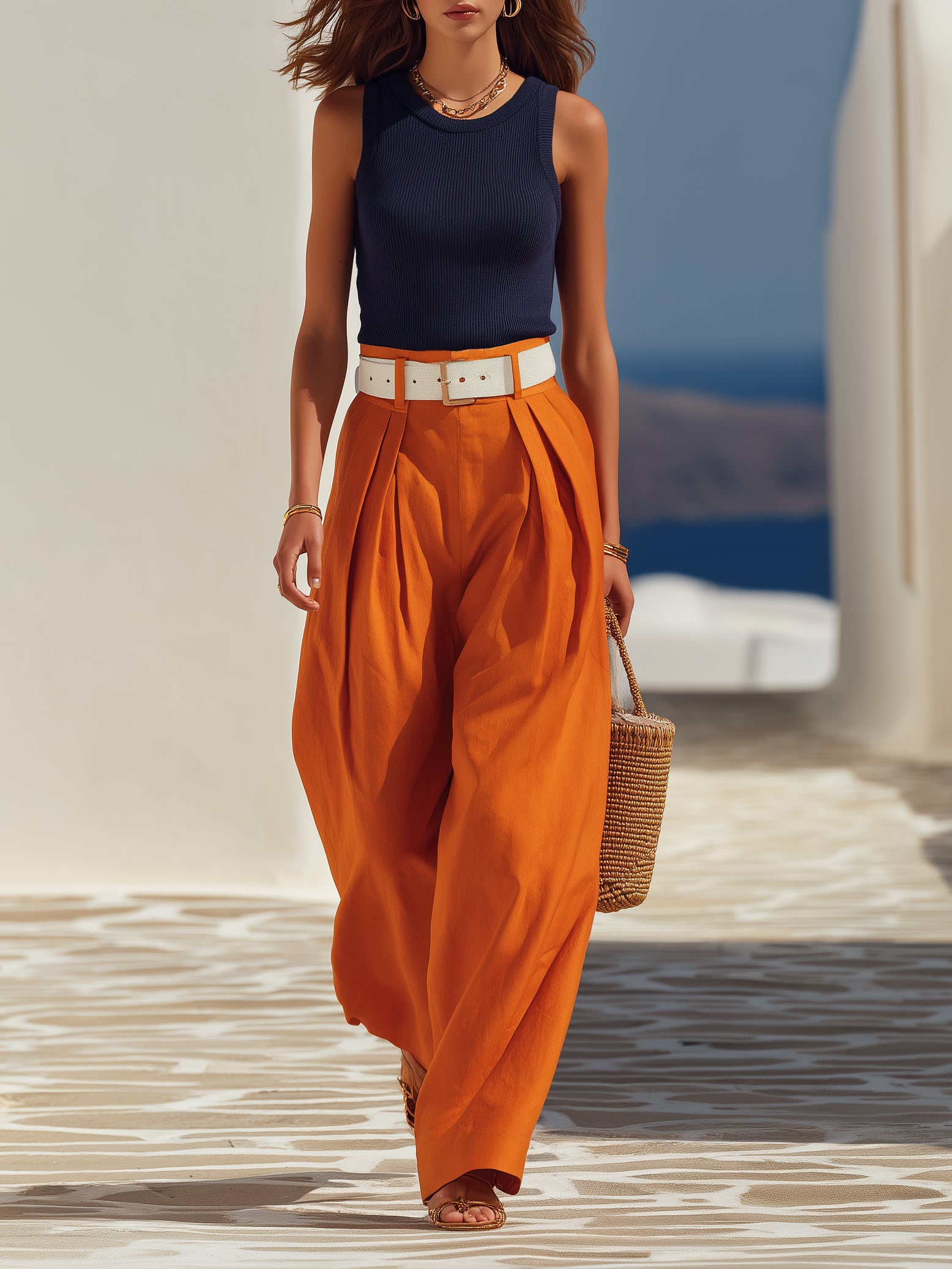 Vacation Style Navy Cable Knit Tank And Orange Linen-Blend Pleated Wide Leg Pants Set