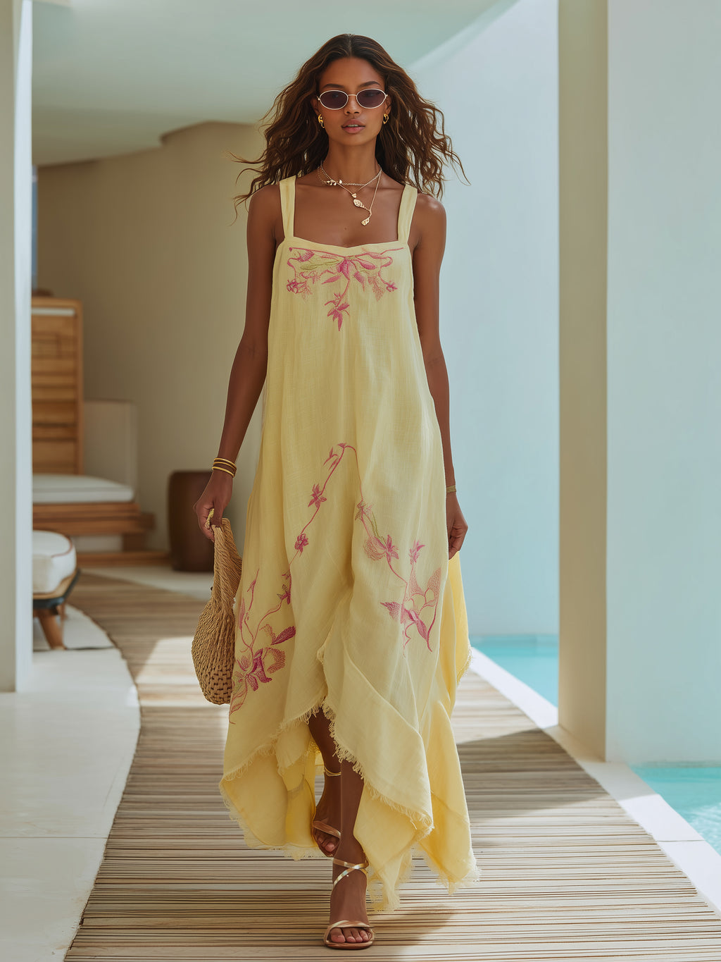 Resort Pale Lemon Floral Embroidered Linen Maxi Dress