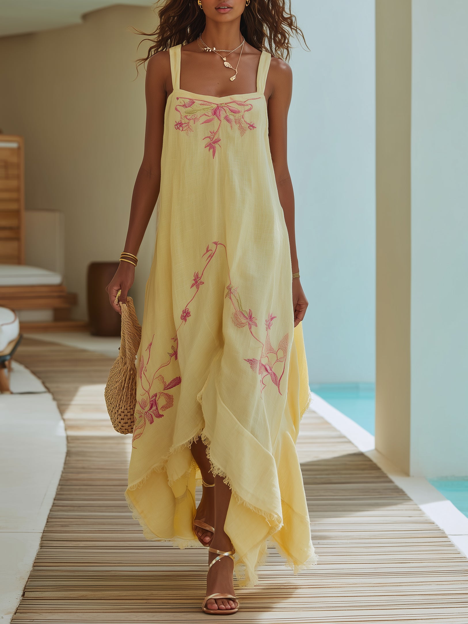 Resort Pale Lemon Floral Embroidered Linen Maxi Dress