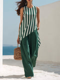 Mediterranean Emerald Stripe Asymmetrical Tank & Pleated Wide Leg Linen-Blend Set