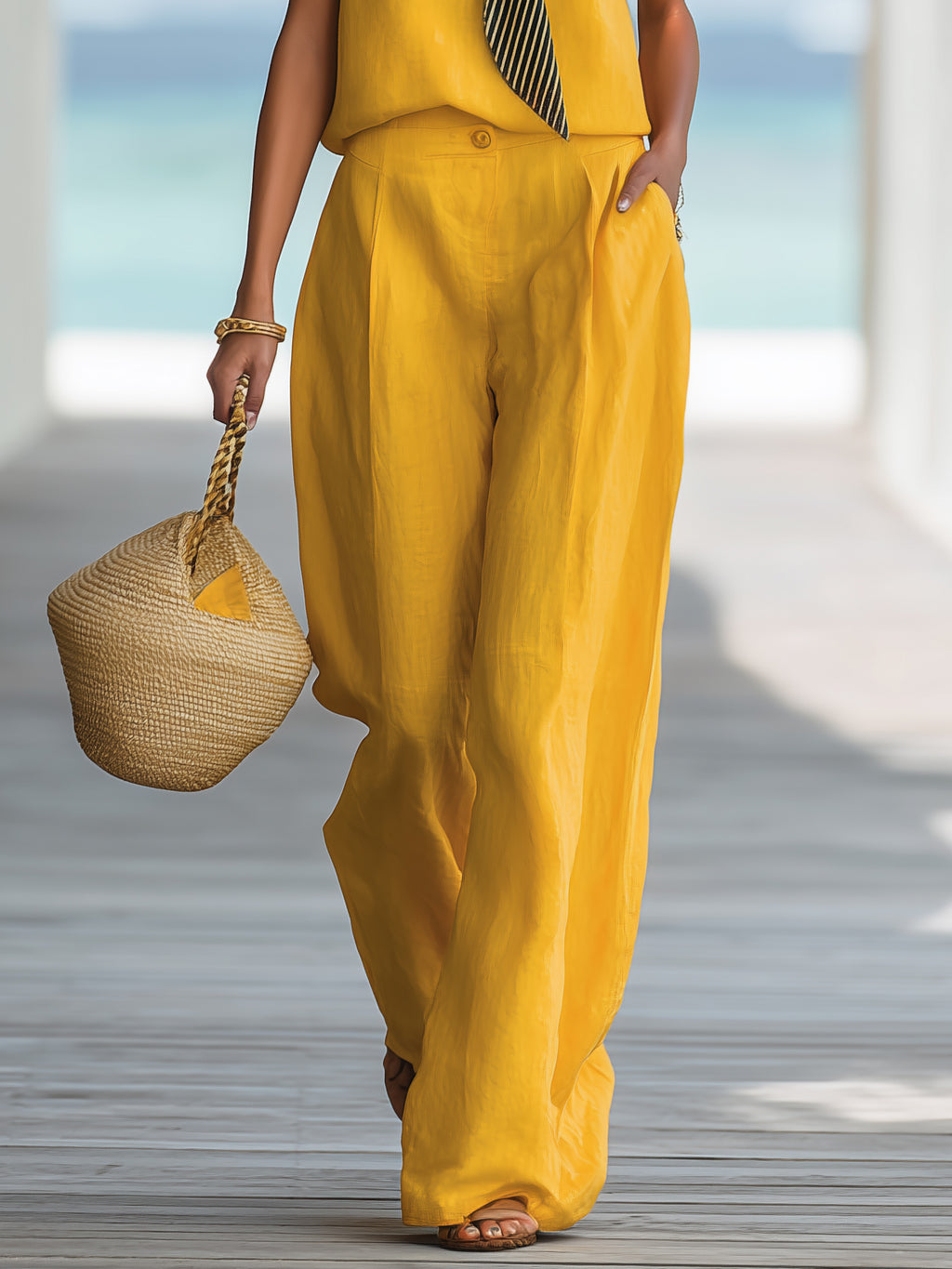 Sunlit Coast Mustard Linen Sailor Collar Two-Piece Vacation Set