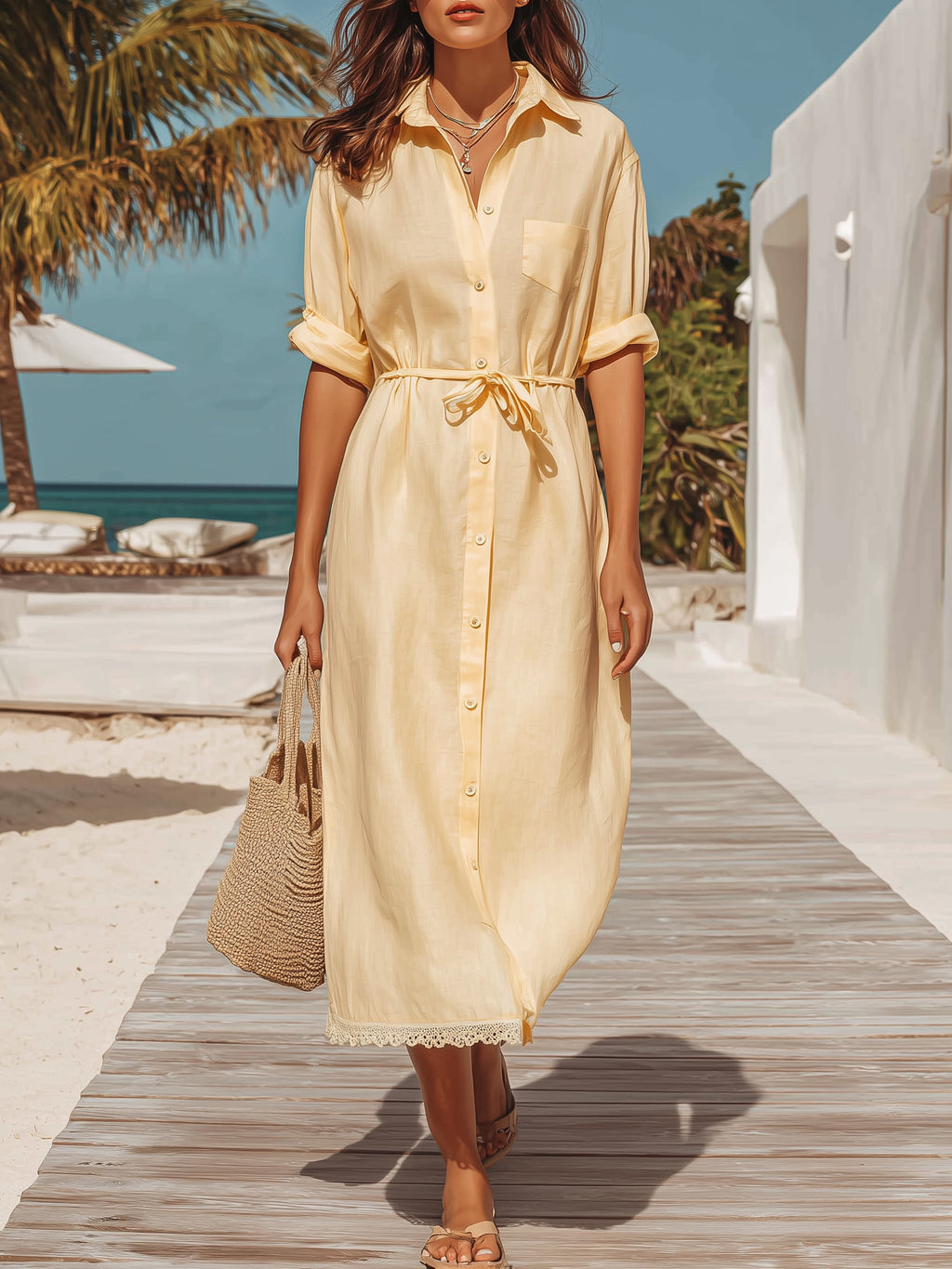 Vacation Style Pale Yellow Belted Linen-Blend Midi Shirt Dress