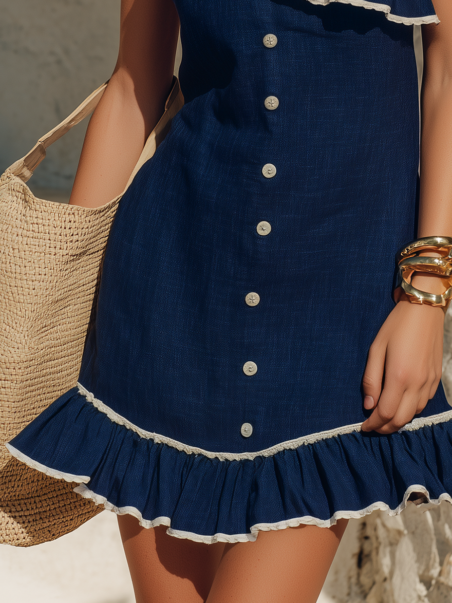 Coastal Chic Ruffled One-Shoulder Navy Blue Cotton-Linen Mini Dress