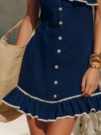 Coastal Chic Ruffled One-Shoulder Navy Blue Cotton-Linen Mini Dress