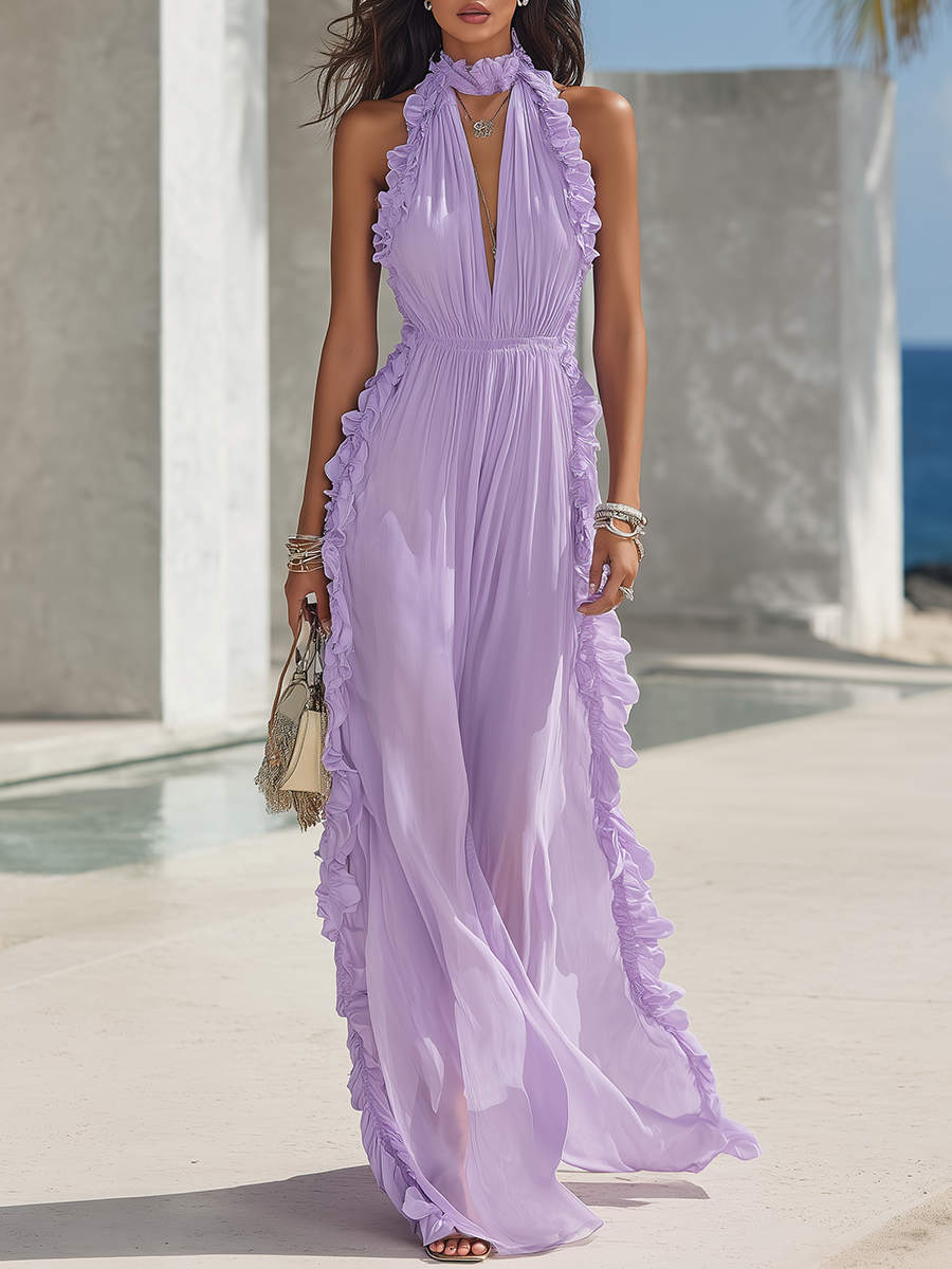 Resort-style Sleeveless Ruffle Halter Neck Maxi Dress