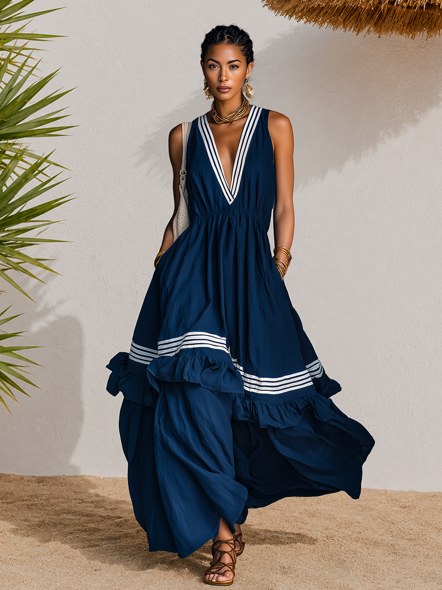 Vacation-style Retro Striped V-neck Ruffled Maxi Dress
