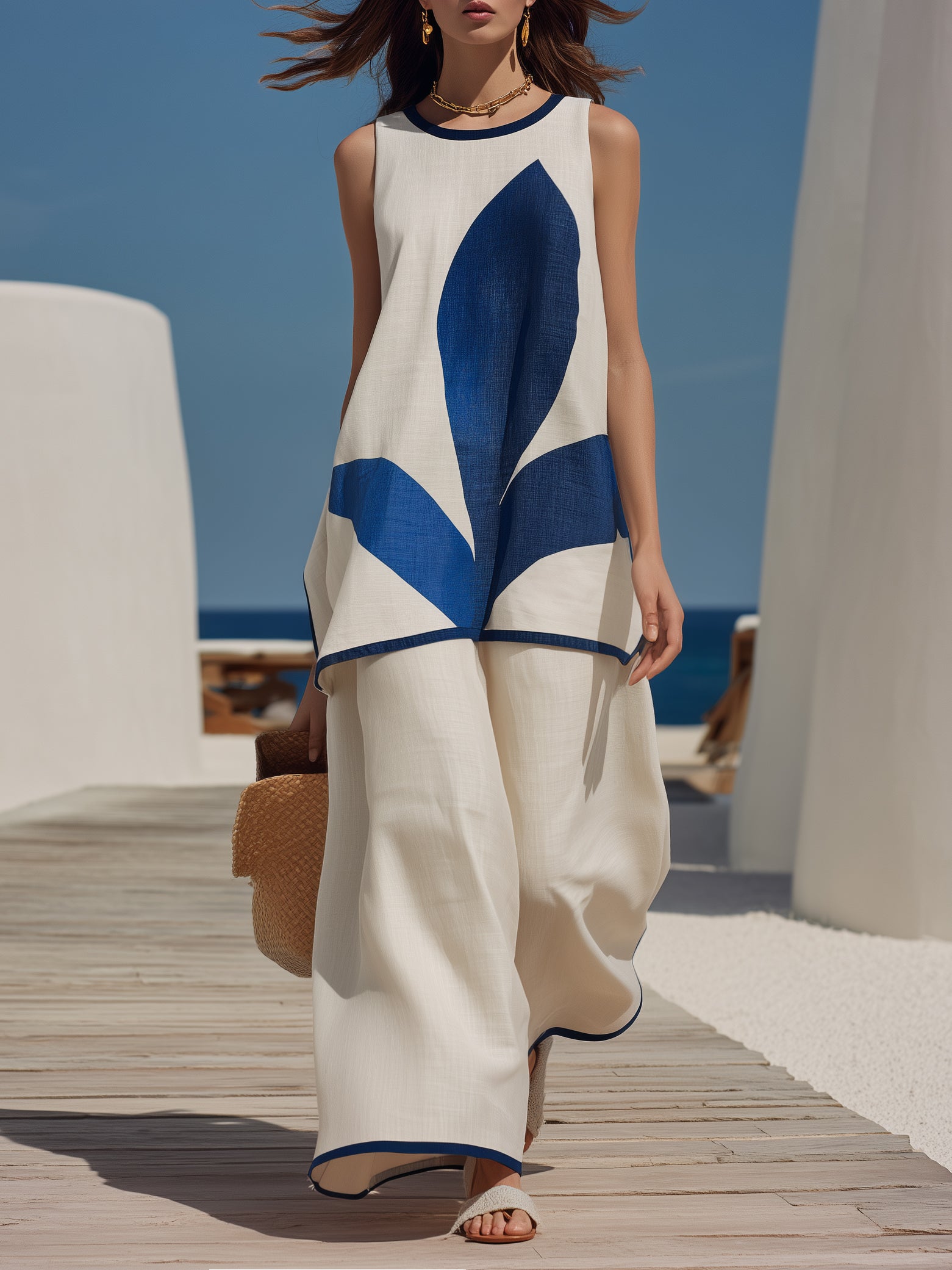 Cycladic Navy Leaf Print Linen-Blend Sleeveless Two-Piece Vacation Set