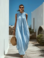 Aegean Sky Blue Ruffle Drawstring Collar Sleeveless Flow Maxi Dress