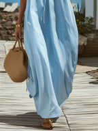 Aegean Sky Blue Ruffle Drawstring Collar Sleeveless Flow Maxi Dress