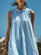 Aegean Sky Blue Ruffle Drawstring Collar Sleeveless Flow Maxi Dress