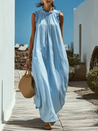 Aegean Sky Blue Ruffle Drawstring Collar Sleeveless Flow Maxi Dress
