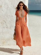 Retro Vacation Lace-Trimmed V-Neck Short-Sleeved Cotton Linen Dress