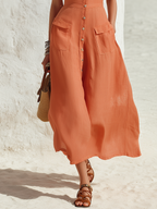 Retro Vacation Lace-Trimmed V-Neck Short-Sleeved Cotton Linen Dress