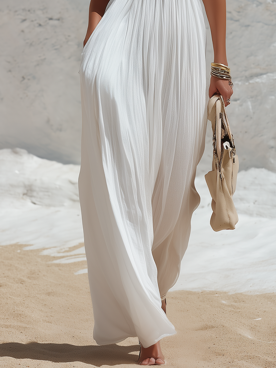 Elegant Resort-style Solid Color Pleated Dress