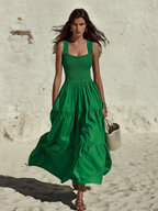 Coastal Chic Sleeveless Ruffled Green Cotton Maxi Dress