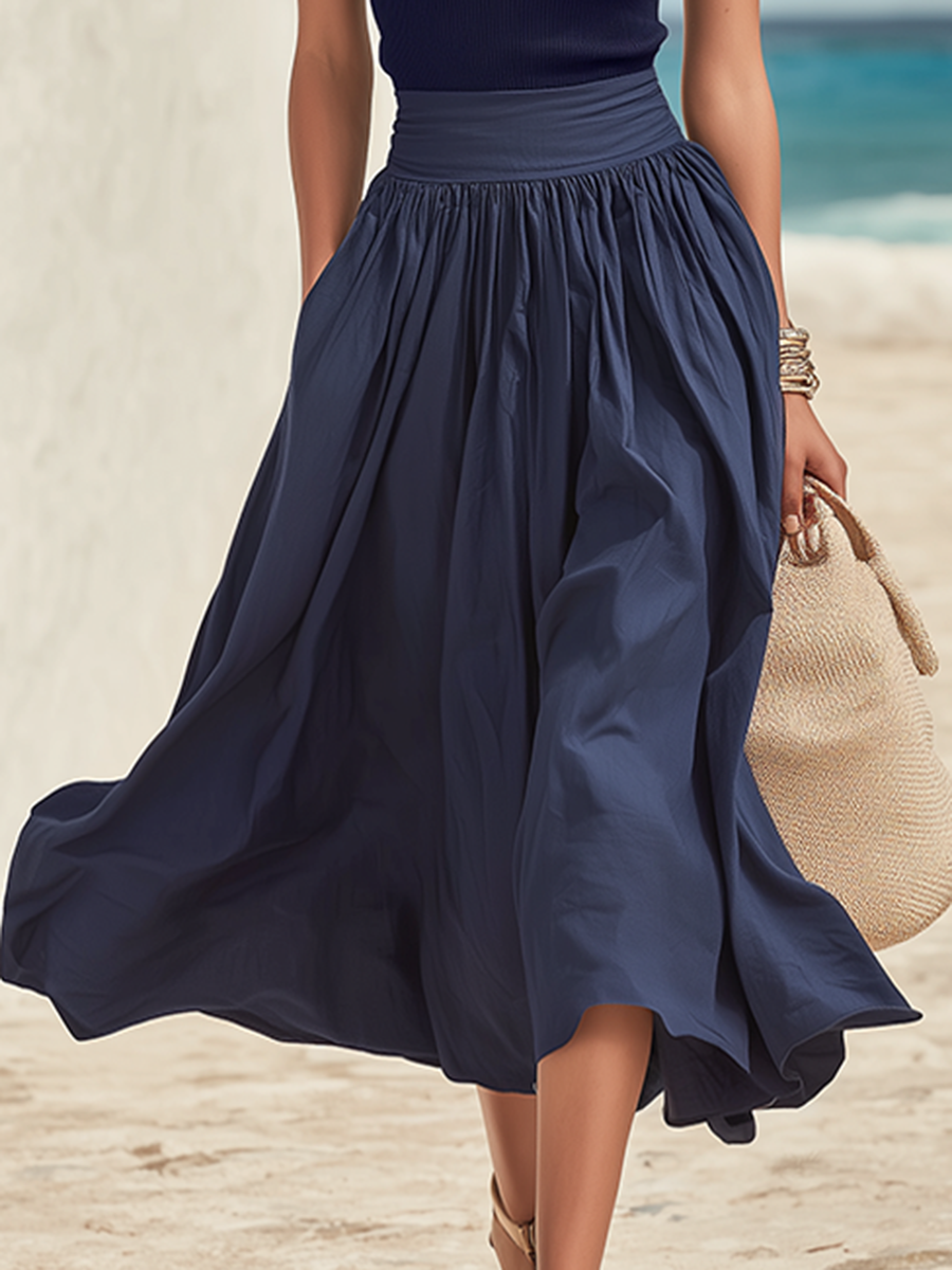 Coastal Chic Mock-Neck Cap-Sleeve Knit Top And Cotton Skirt Deep Sea Blue Set