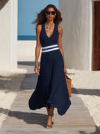 Nautical Resort Navy Rib Knit Striped Waistband Midi Dress