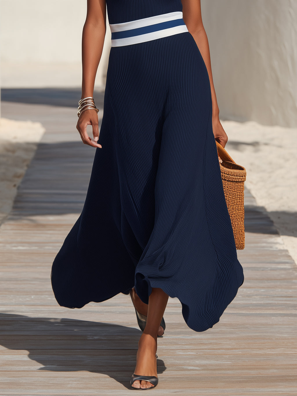 Nautical Resort Navy Rib Knit Striped Waistband Midi Dress