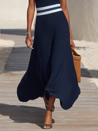 Nautical Resort Navy Rib Knit Striped Waistband Midi Dress