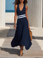 Nautical Resort Navy Rib Knit Striped Waistband Midi Dress